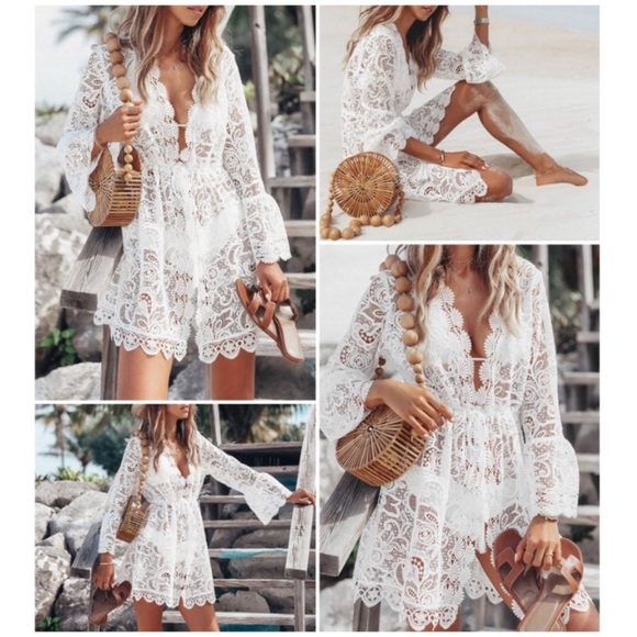 SOLD OUT White Scalloped Lace Sheer Long Sleeve Coverup - Picture 4 of 6